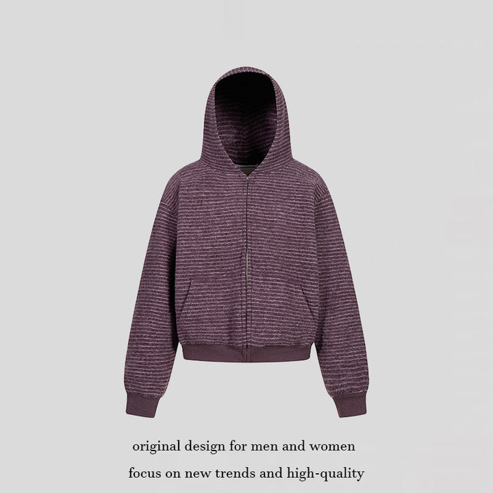 Damen Kurz geschnittene Kapuzen‑Zipjacke mit horizontalem Streifenrelief und elastischem Bund Echoarchiv
