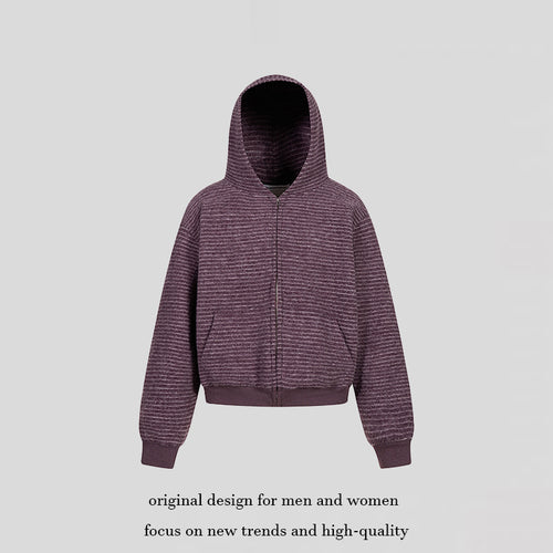 Damen Kurz geschnittene Kapuzen‑Zipjacke mit horizontalem Streifenrelief und elastischem Bund Echoarchiv