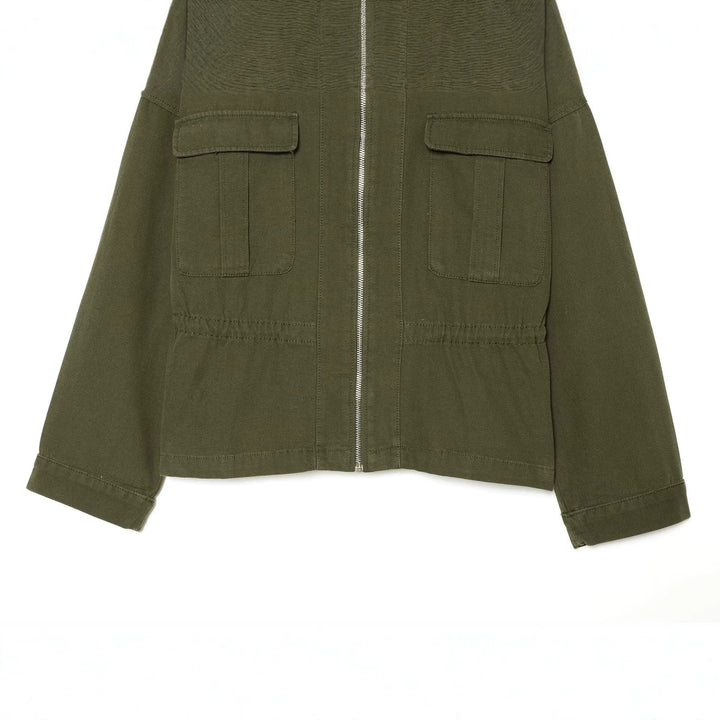 Damen kurze Utility-Jacke mit Reißverschluss, aufgesetzten Brusttaschen und Taillenzug Echoarchiv
