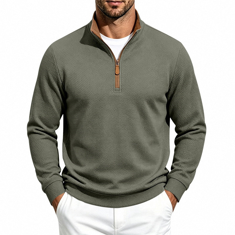 Herren Waffelstruktur-Halbzip-Sweatshirt mit Stehkragen, Kontrastfutter und Lederzipper Echoarchiv