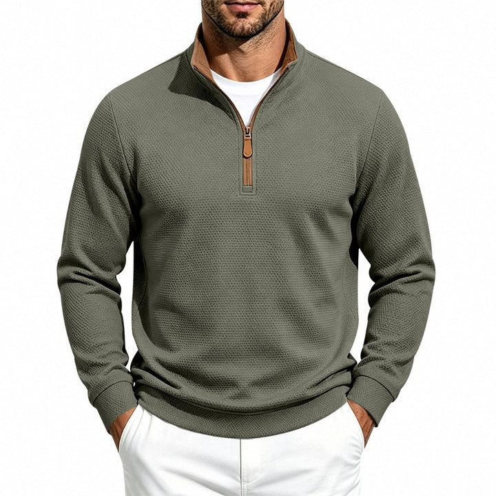 Herren Waffelstruktur-Halbzip-Sweatshirt mit Stehkragen, Kontrastfutter und Lederzipper Echoarchiv