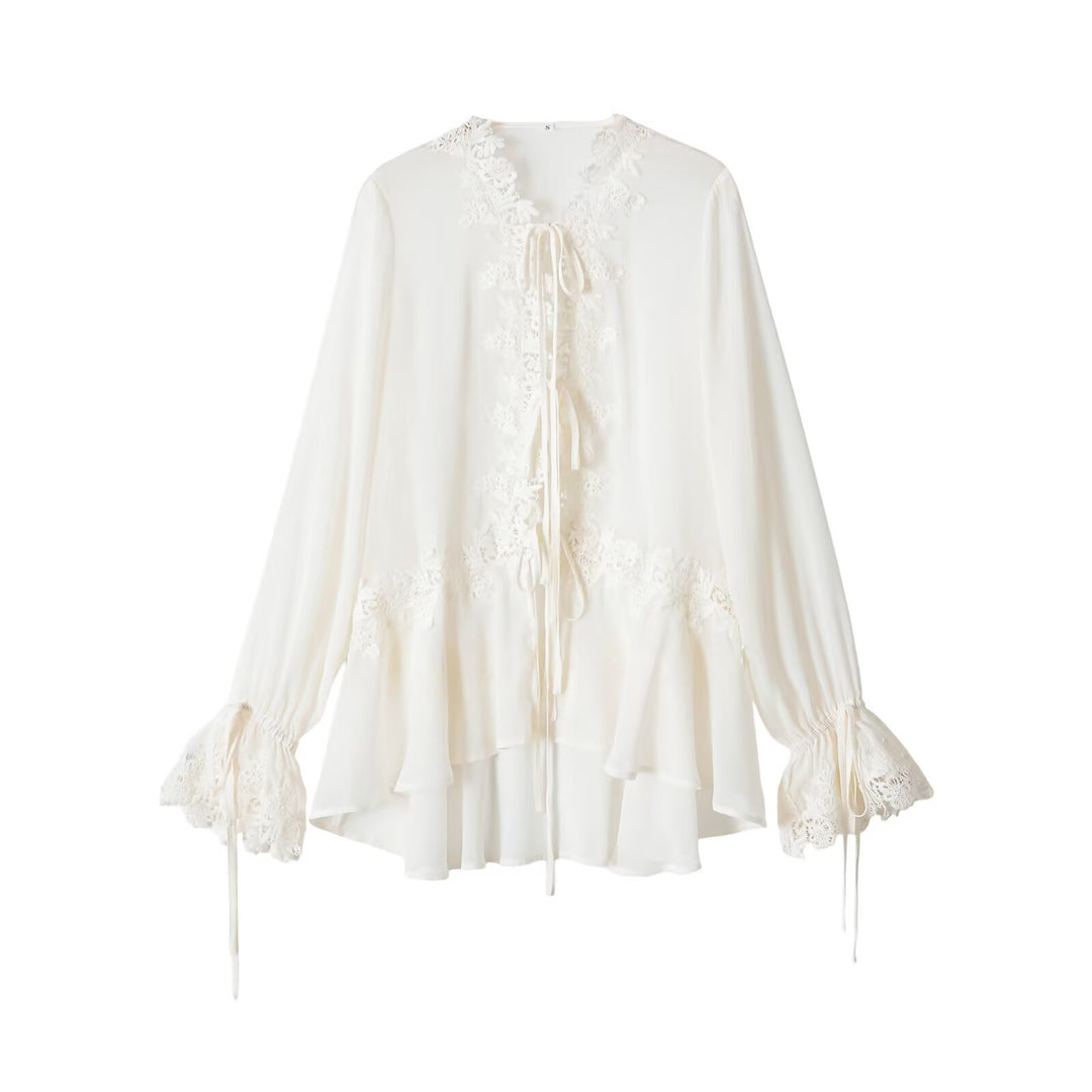 Damen Boho-Spitzenbluse mit Volants, langen Rüschenärmeln und Bindebändern Echo Archiv