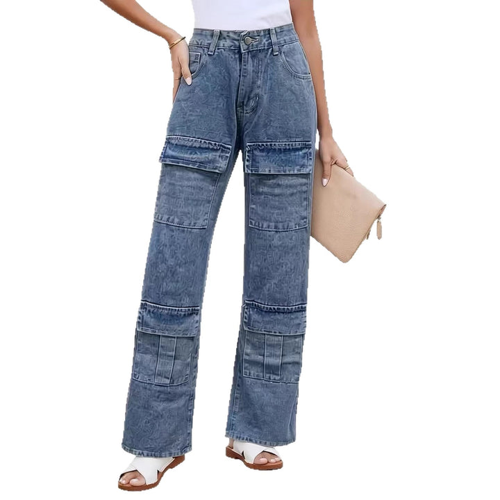 Damen nan High‑Waist Utility-Denimhose mit aufgesetzten Knie-Patches, Cargo‑Taschen und weitem Schlag Echo Archiv