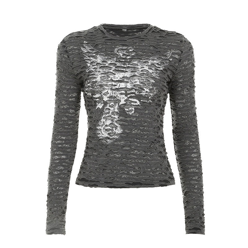 Damen Figurbetontes strukturiertes Langarmshirt mit metallischem Skelettprint Echo Archiv