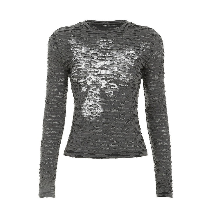 Damen Figurbetontes strukturiertes Langarmshirt mit metallischem Skelettprint Echo Archiv