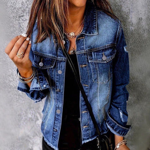 Damen Lässige Denim-Jacke mit Destroyed-Details, aufgesetzten Brusttaschen und ausgefranstem Saum Echo Archiv