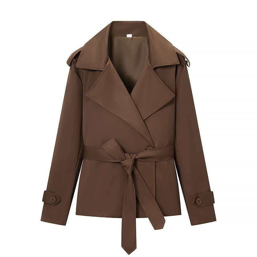 Damen nan kurzer taillierter Trenchcoat mit Bindegürtel, großem Revers und Manschettenriegel Echo Archiv