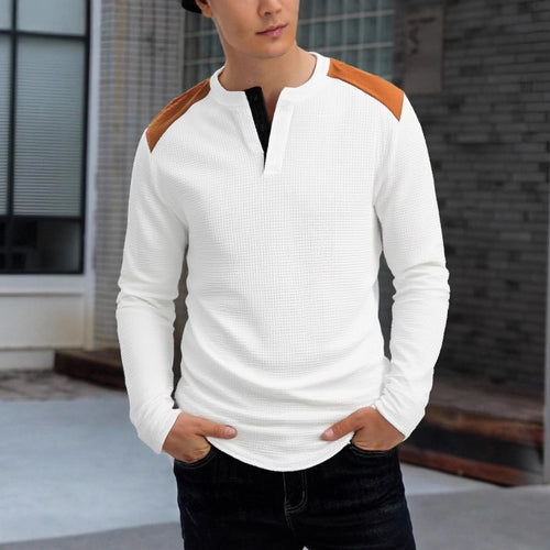 Herren strukturiertes Henley-Langarmshirt mit Stehkragen, Schulterpaspel und Waffelstruktur – Arvello