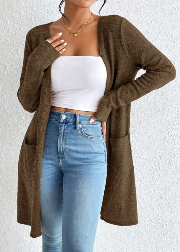 Damen offener Longcardigan mit aufgesetzten Taschen und weichem Feinstrick – Veloura