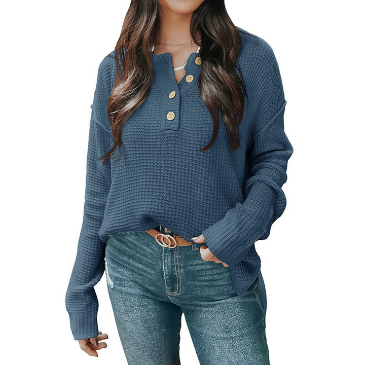 Damen nan lockerer Waffelstruktur Henley Pullover mit Knopfleiste und überschnittener Schulter Echo Archiv