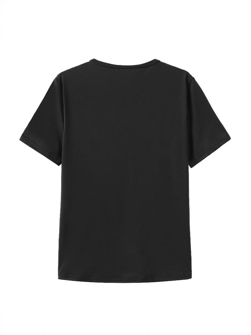 Damen T-Shirt mit künstlerischem floralem Druck und verspieltem Schriftzug Echo Archiv