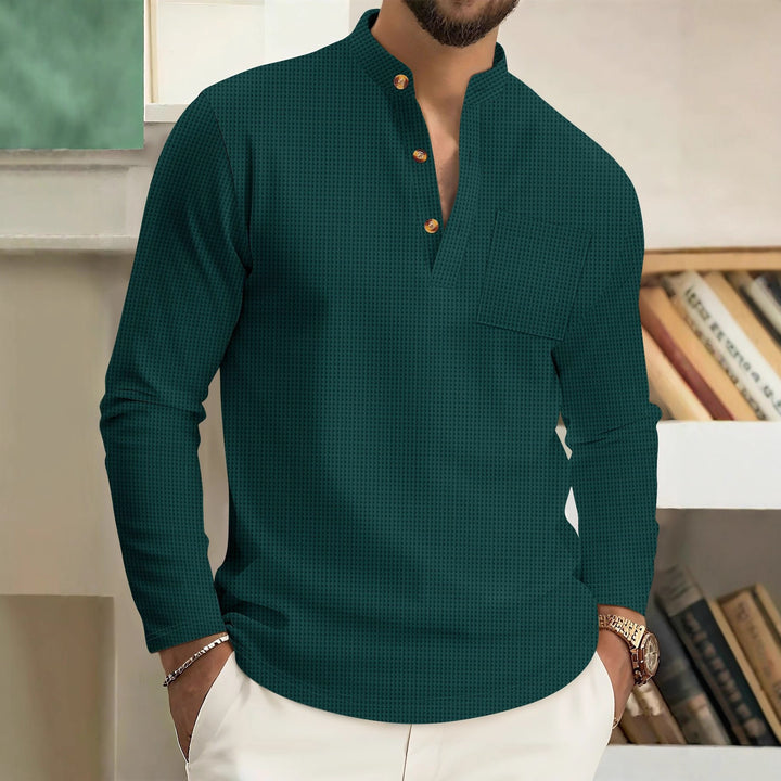 Herren Langarmshirt mit modischem Stehkragen und praktischen Knöpfen Echoarchiv