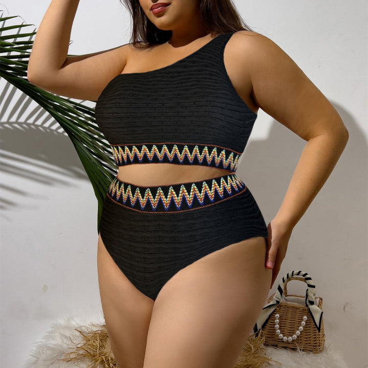 Damen Sportlicher Zweiteiliger Badeanzug mit einzigartigem Cut-Out-Design und buntem Bannermuster Echo Archiv