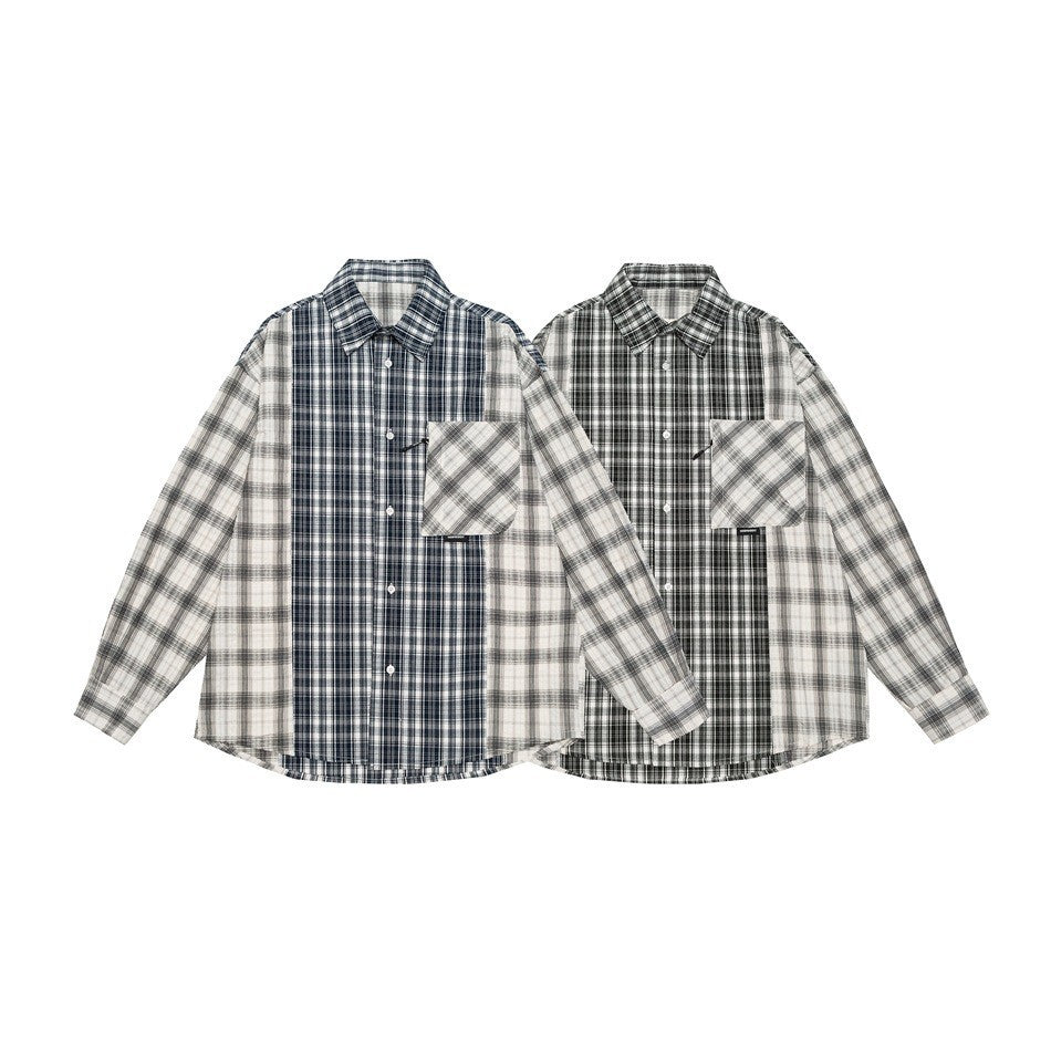 Unisex Kariertes Overshirt im Patchwork-Look mit Brusttasche Echoarchiv