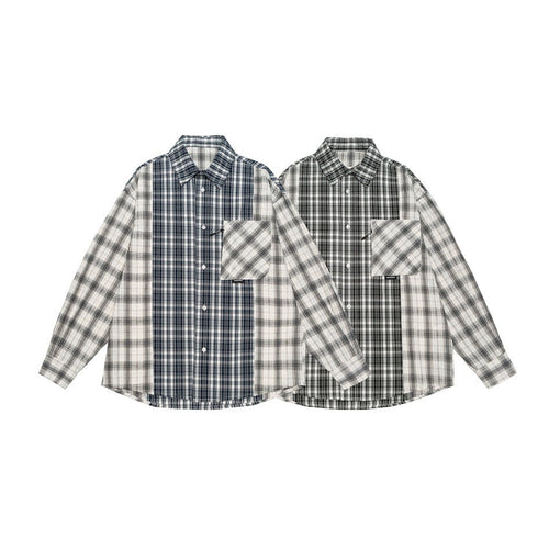 Unisex Kariertes Overshirt im Patchwork-Look mit Brusttasche Echoarchiv