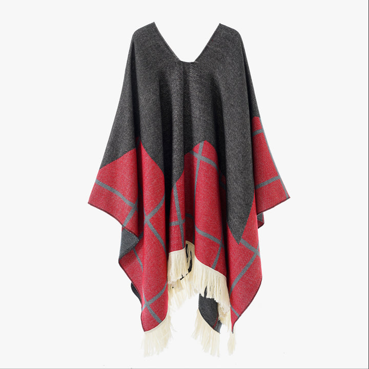 Damen Ornamentaler Jacquard‑Poncho mit V‑Ausschnitt und Fransensaum Echo Archiv