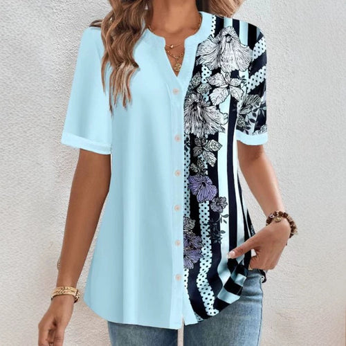 Damen nan zweigeteilte Hemdbluse mit asymmetrischem Muster-Mix, Knopfleiste und lockerer Hüftlänge Echo Archiv