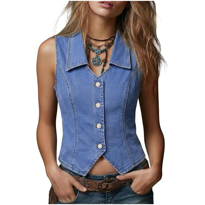 Damen Taillierte Jeansweste mit spitzem Saum und Knopfleiste Echoarchiv