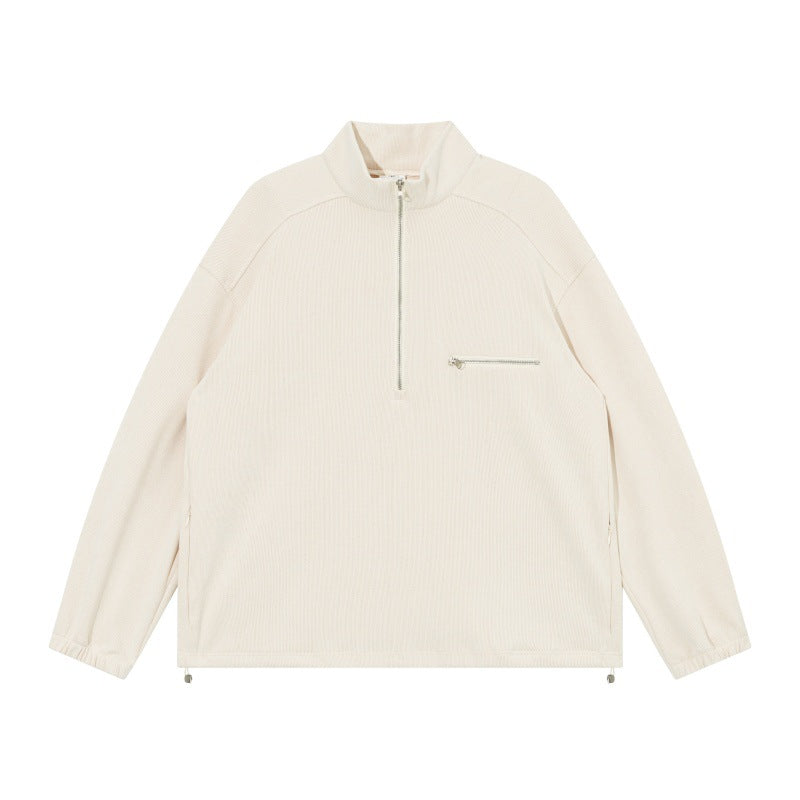 Unisex Oversize Halbzip-Pullover aus Cord‑Mix mit Brust-Reißverschlusstasche und Kordelzugsaum Echoarchiv