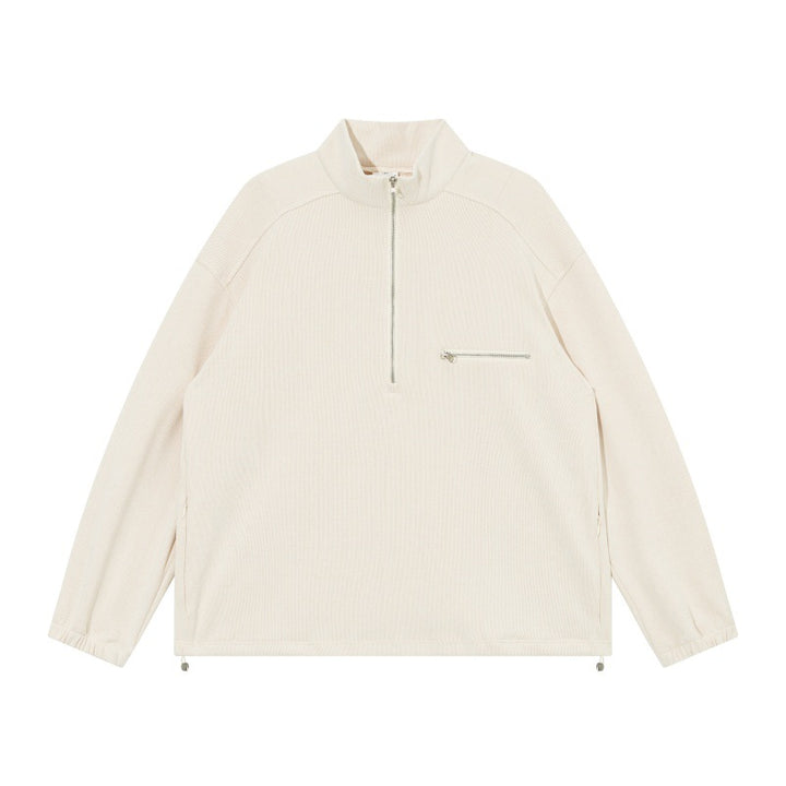 Unisex Oversize Halbzip-Pullover aus Cord‑Mix mit Brust-Reißverschlusstasche und Kordelzugsaum Echoarchiv