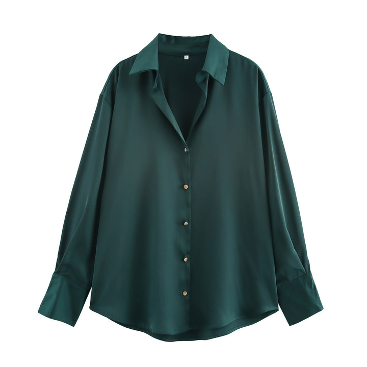 Damen nan oversized Satinbluse mit Hemdkragen, verlängerten Manschetten und abgerundetem Saum Echo Archiv