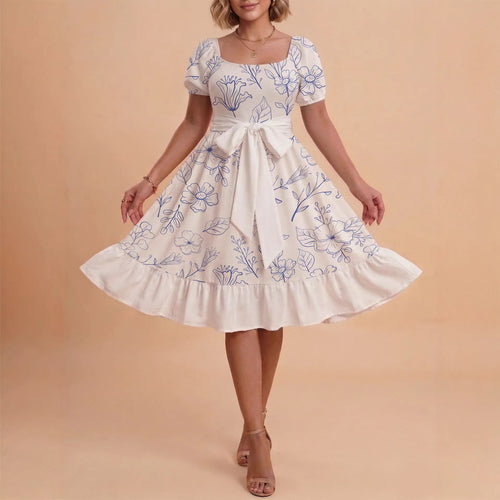 Damen Midi Kleid mit elegantem Blumendruck und tailliertem Gürtel Echo Archiv