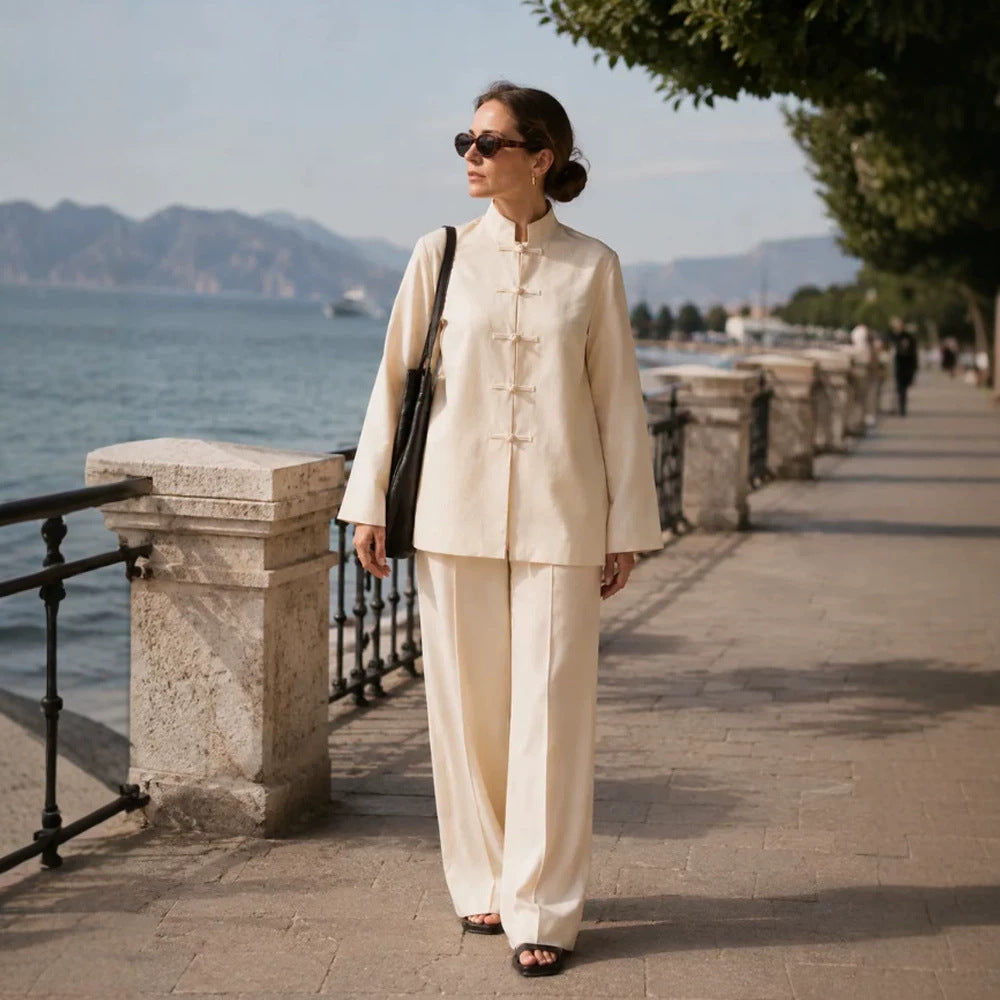 Damen Mandarin-Kragen Tunikajacke mit Knotenverschlüssen und weiter Palazzo-Hose Echoarchiv