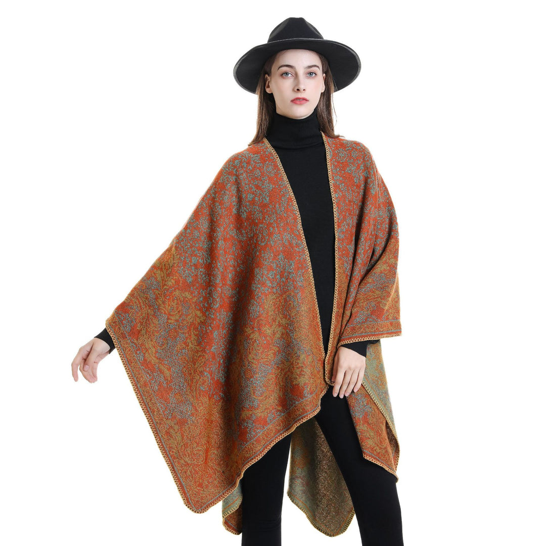 Damen Jacquard-Poncho mit orientalischem Muster und offener Vorderseite – Avérine