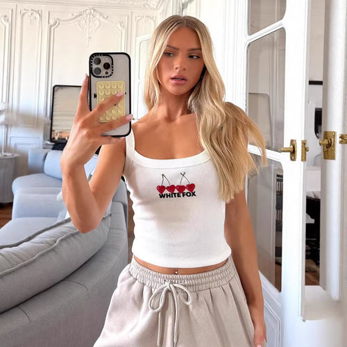 Damen Crop-Top mit Kirschstickerei und elastischem Baumwollmaterial Echo Archiv