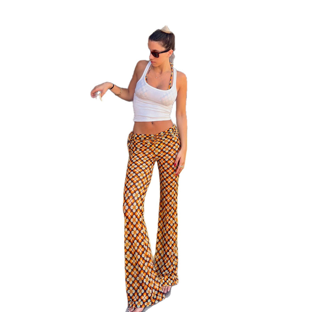 Damen nan ausgestellte Schlaghose mit hoher Taille, seitlichen Kordelzügen und retro Blumenprint Echo Archiv