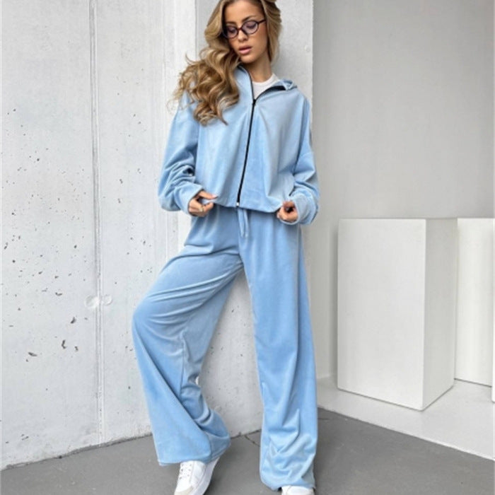 Damen weicher Velours-Trainingsanzug mit Kapuze, Reißverschluss und weitem Bein – Avérine