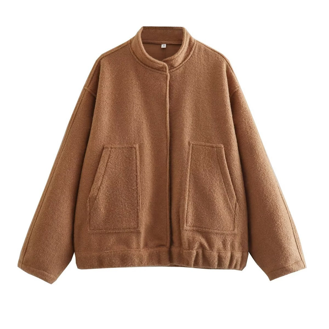 Damen boxy Wollmix-Blouson mit Stehkragen, verdeckter Frontleiste, Eingrifftaschen und elastischem Saum – Célinea