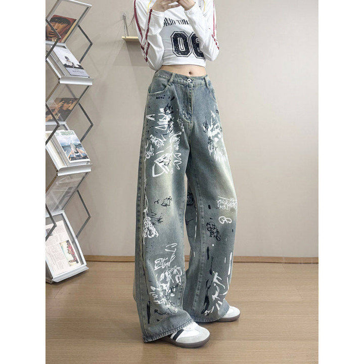 Damen Stylische Oversized Jeans mit grafischem Print Echoarchiv