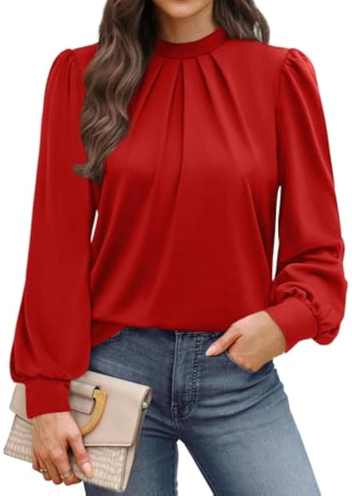 Damen Langärmelige Satinbluse mit Stehkragen, Brustfalten und gerippten Bündchen – Élovi