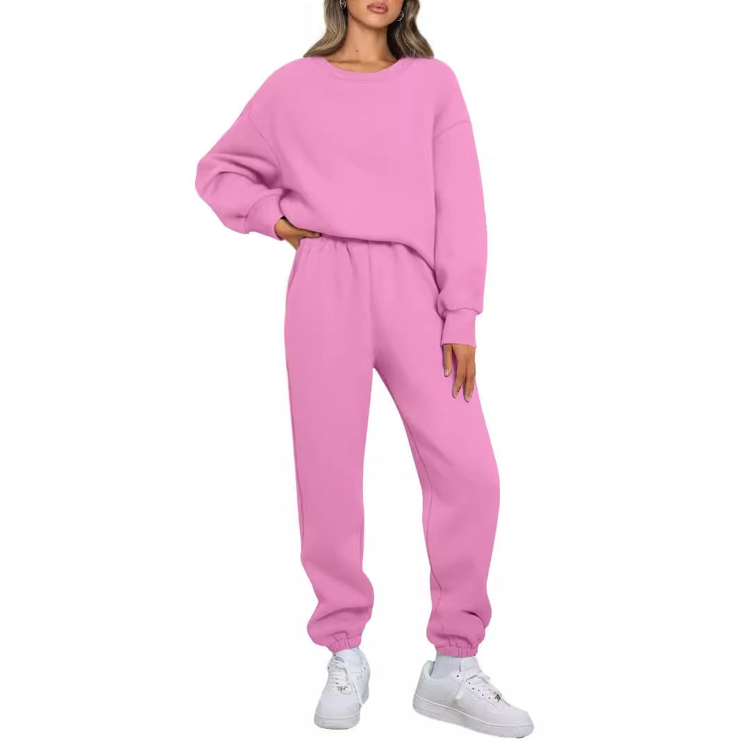 Damen zweiteiliges Comfort-Loungewear-Set mit oversized Rundhals, hochgeschnittener Jogginghose und elastischem Knöchelbund – Élanora