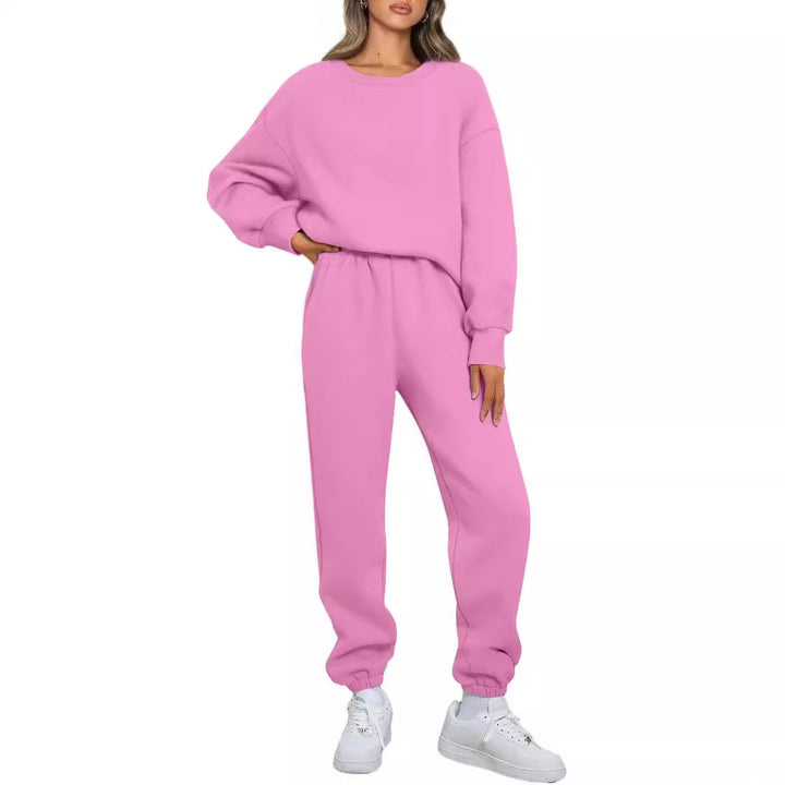 Damen zweiteiliges Comfort-Loungewear-Set mit oversized Rundhals, hochgeschnittener Jogginghose und elastischem Knöchelbund – Élanora