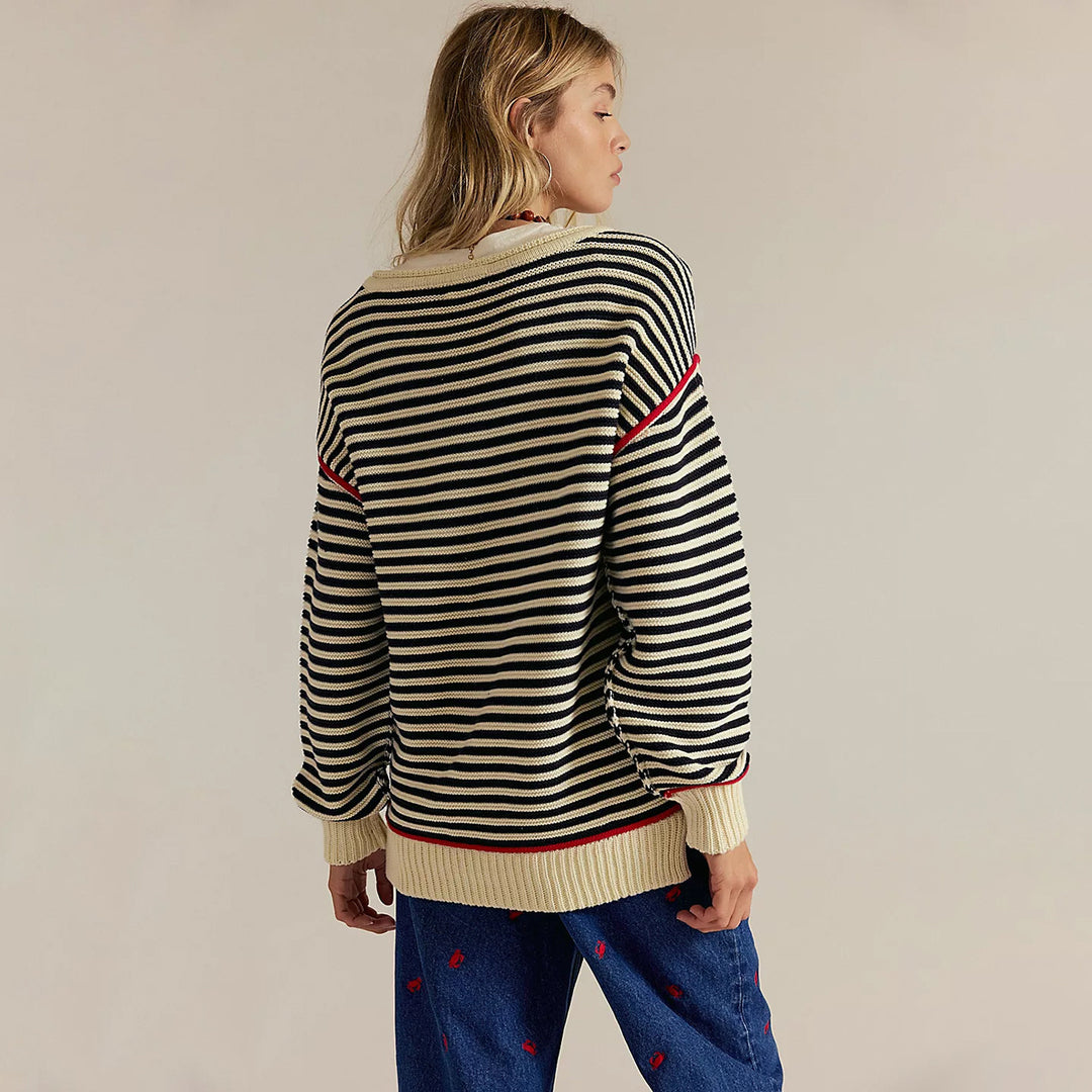 Damen Oversize Ringelstrickpullover mit weitem Schnitt, Bündchen & kontrastierenden Paspeln Echoarchiv