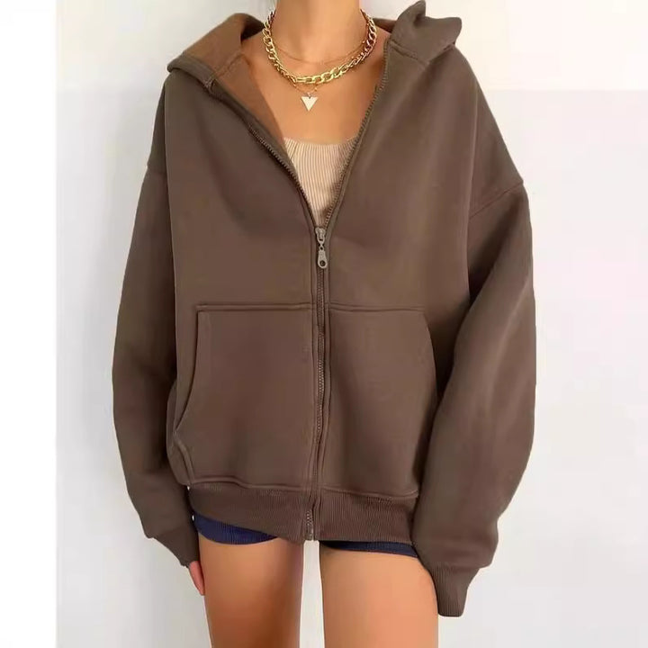 Damen nan minimalistisches French-Terry Zip-Hoodie mit durchgehendem Reißverschluss, Kängurutasche und Daumenloch-Ärmeln Echo Archiv
