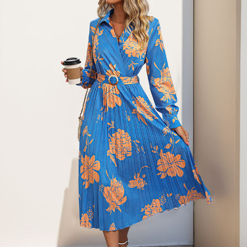 Damen Plissiertes Hemdblusenkleid mit Wickel‑V‑Ausschnitt, Taillengürtel und floralem Print Echoarchiv