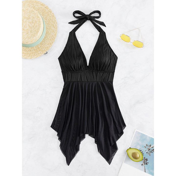 Damen Eleganter Wickel-Badeanzug mit tiefem V-Ausschnitt und Chiffonrock Echo Archiv