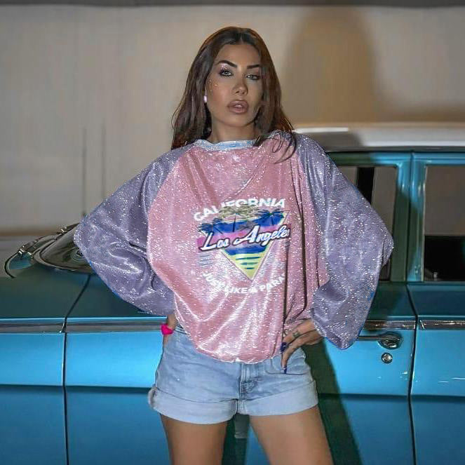Damen Glitzerndes Oversize-Sweatshirt mit Raglanärmeln und Retro-Los-Angeles-Print Echo Archiv