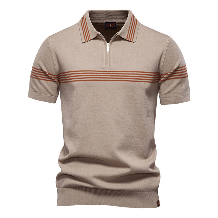 Herren nan edles Feinstrick-Poloshirt mit kurzem Metallreißverschluss, Bündchenärmeln und kontrastierten Streifenbändern Echo Archiv