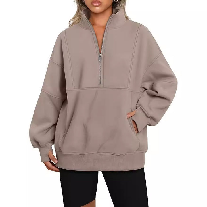 Damen Oversized Sweatshirt mit halbem Reißverschluss, Kängurutasche und Stehkragen Echoarchiv