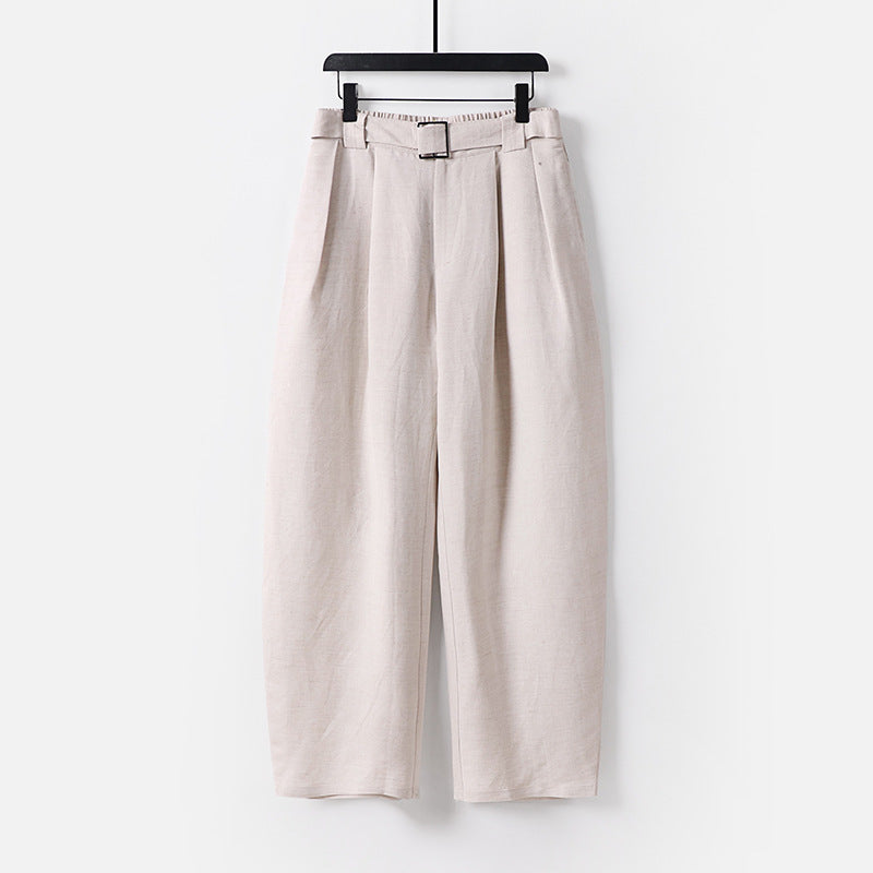 Damen Hochgeschnittene weite Leinenmix-Hose mit Bundfalten und Stoffgürtel Echoarchiv