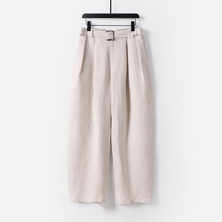 Damen Hochgeschnittene weite Leinenmix-Hose mit Bundfalten und Stoffgürtel Echoarchiv