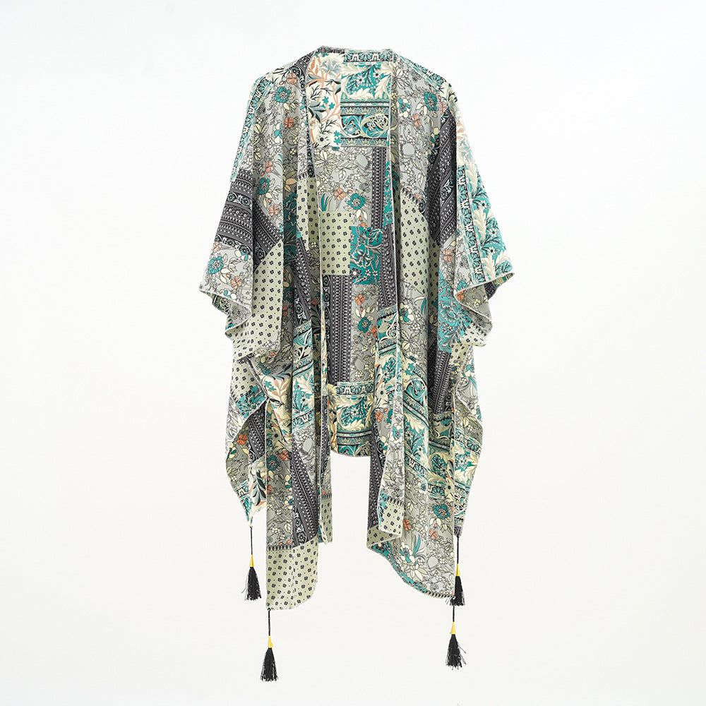Damen Kaftan-Überwurf mit Patchwork-Blumenprint und Quasten – Avérine