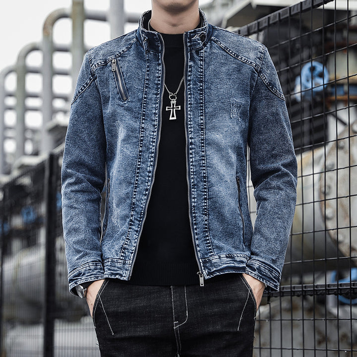 Herren Denim-Utility-Blouson mit hochschließendem Stehkragen und Zipper-Taschen – Denvaro