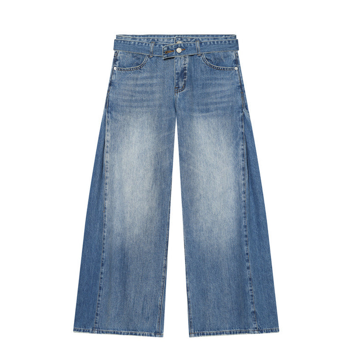 Damen Weite Denim-Hose mit seitlichen Falteneinsätzen, High‑Waist und Taillengürtel Echo Archiv