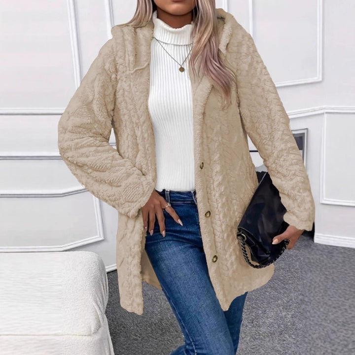 Damen Oversize Strickmantel mit Kapuze, Jacquard‑Struktur und Knopfleiste – Veloura
