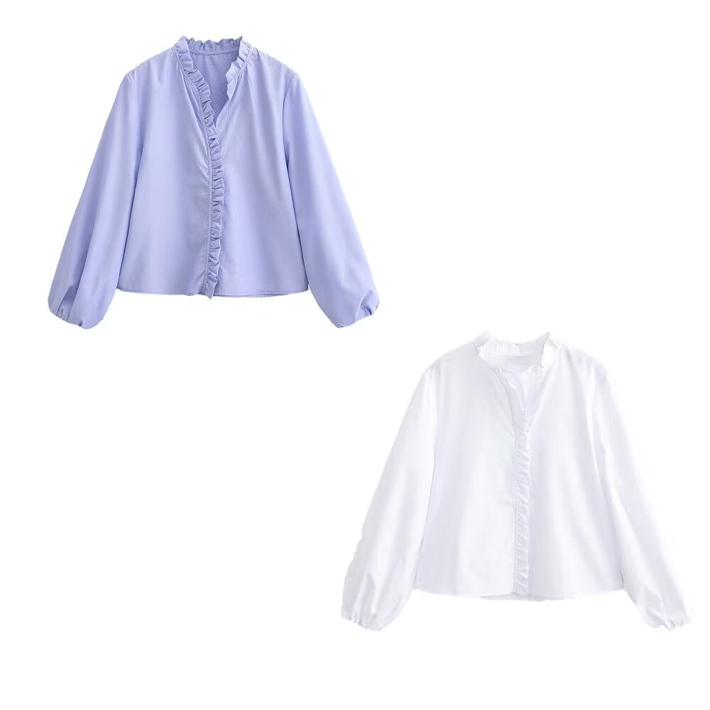 Damen Rüschenbluse mit V-Ausschnitt und Ballonärmeln Echoarchiv